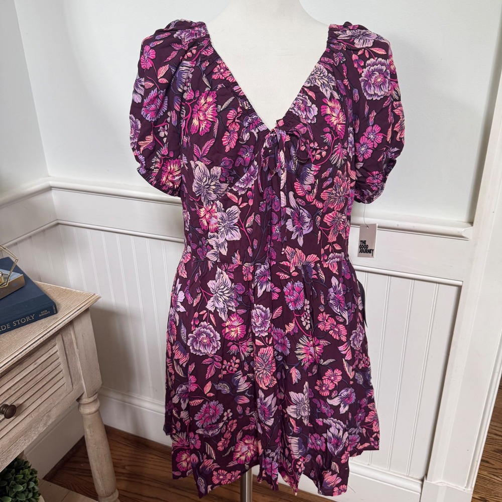 The Good Journey Nordstrom Floral Puff Sleeve Mini Dress Purple V-Neck Sz 14 NEW
